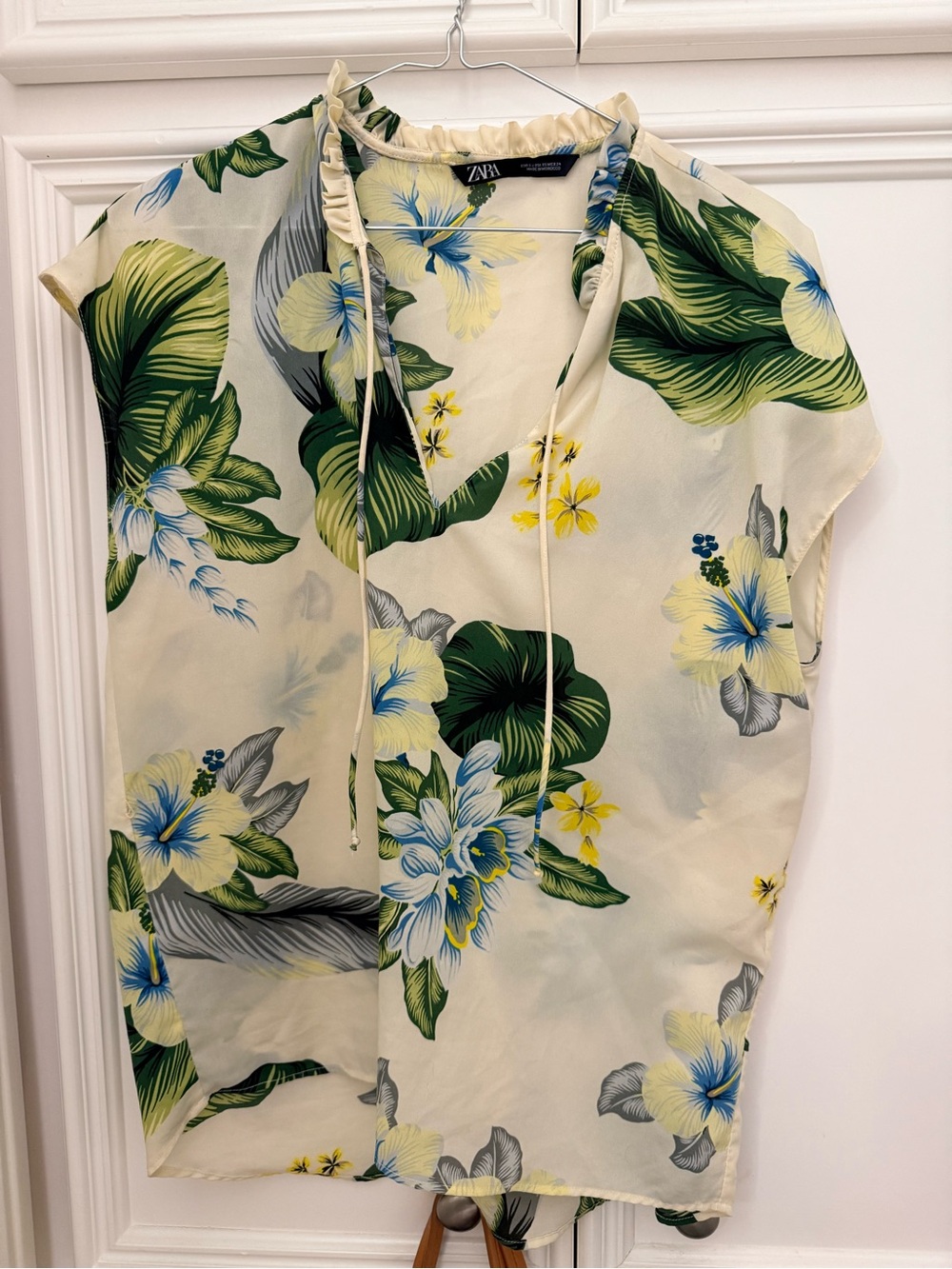 Zara Cream Tropical Floral Tie-Neck Top — Green, Blue, Yellow